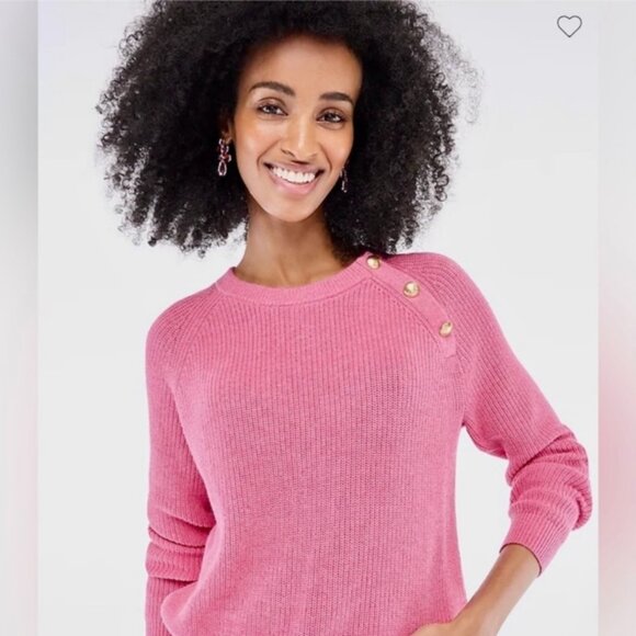 NWT J. Crew Preppy Button Raglan Crew Neck Sweater - Pink - Size M - Picture 1 of 4